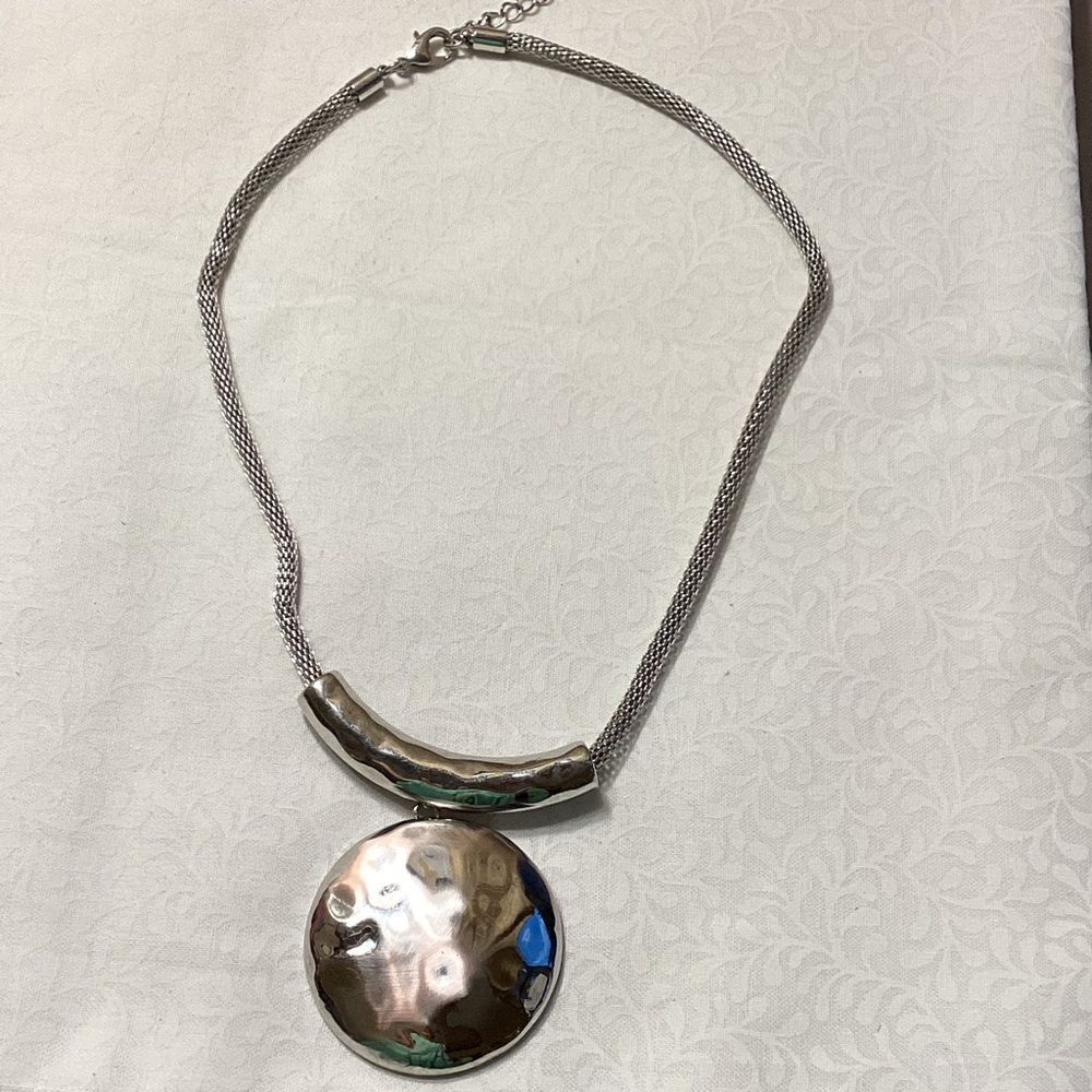 Hammered Silvertone  Pendant Necklace on a Silky Mesh Chain